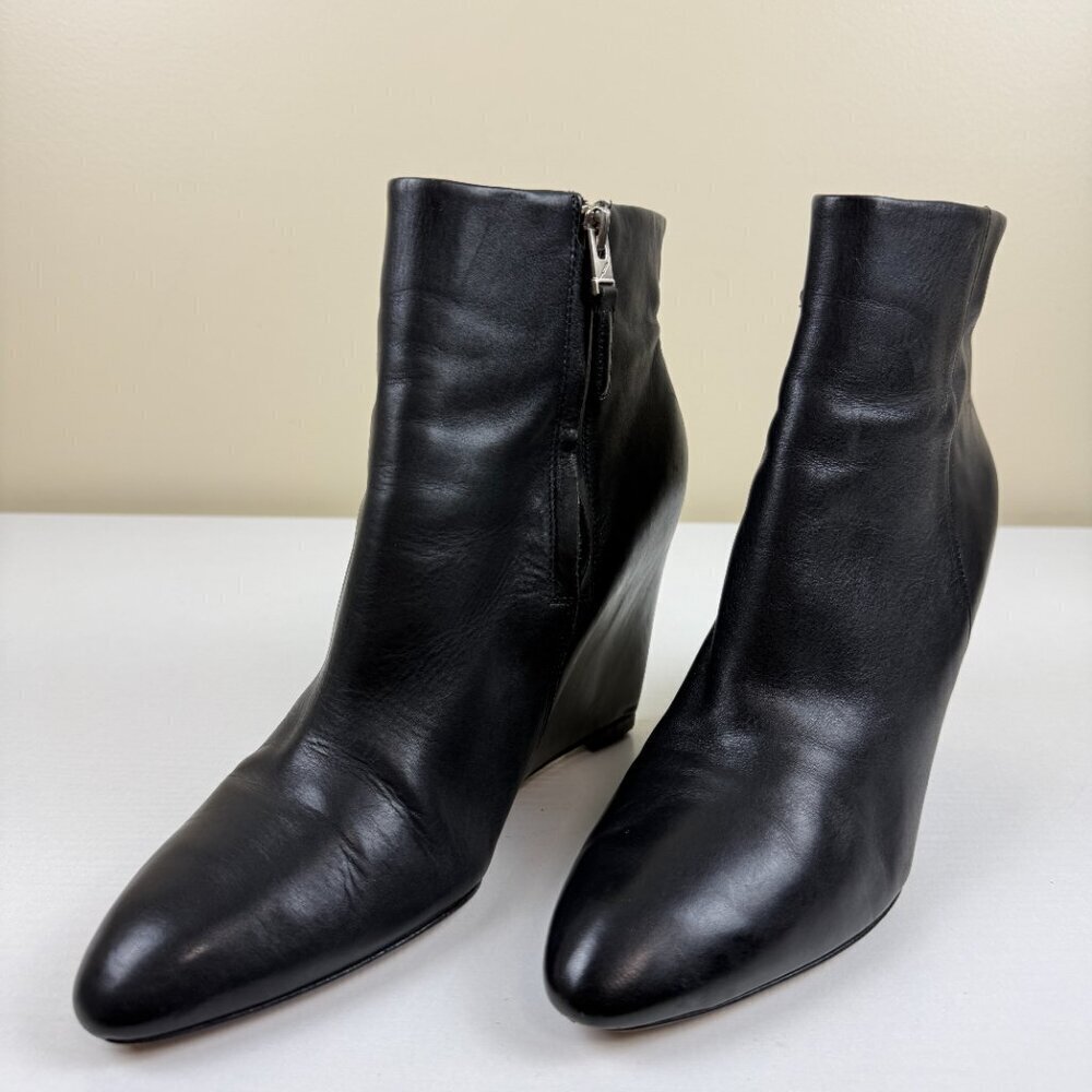 Brian Atwood Designer Black Belleria Pointed Toe Wedge Ankle Boots